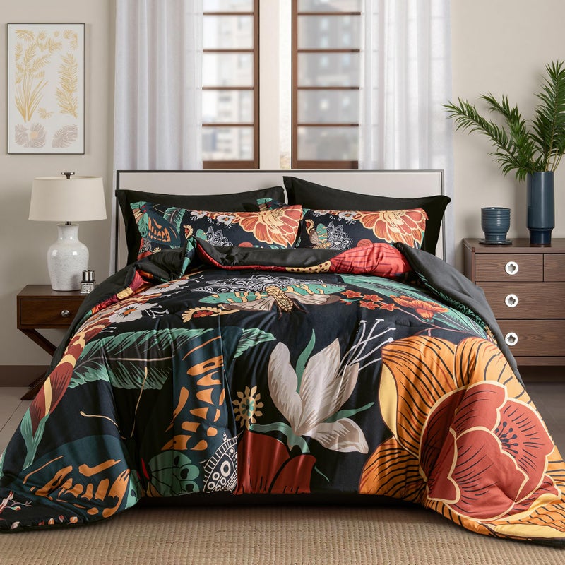 Tyrot Black Boho Floral Queen Comforter Set - 3 Piece Farmhouse Botanical Bedding Comforter Sets for All Season Soft Lightweight Mid Century Modern Bed Set, (1 Reversible Comforter and 2 Pillow Shams - Image 1