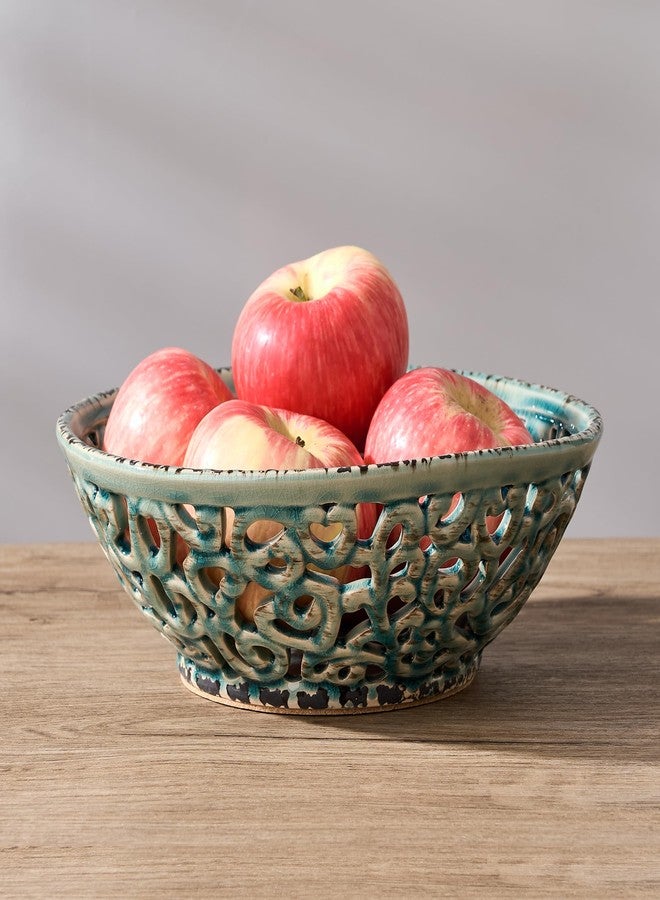 SIDUCAL Ceramic Fruit Bowl for Kitchen Counter,Decorative Fruit Basket with Holes, 10.43" Large Hollow Out Fruit Vegetable Holder Bowl for Table Decor, Blue - Image 1
