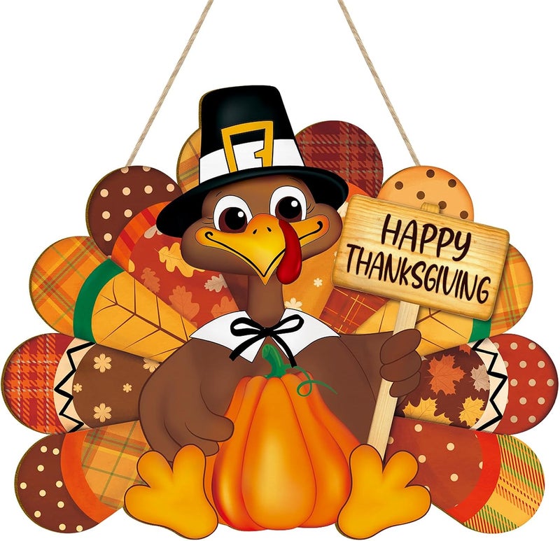 Sophena Thanksgiving Decoration Wooden Turkey Pumpkin Door Wreath for Front Door Sign Wall Signs, Thankful Blessed Grateful Pumpkin Sign Hanging for Fall Autumn Harvest Home Halloween Decoration - Image 1
