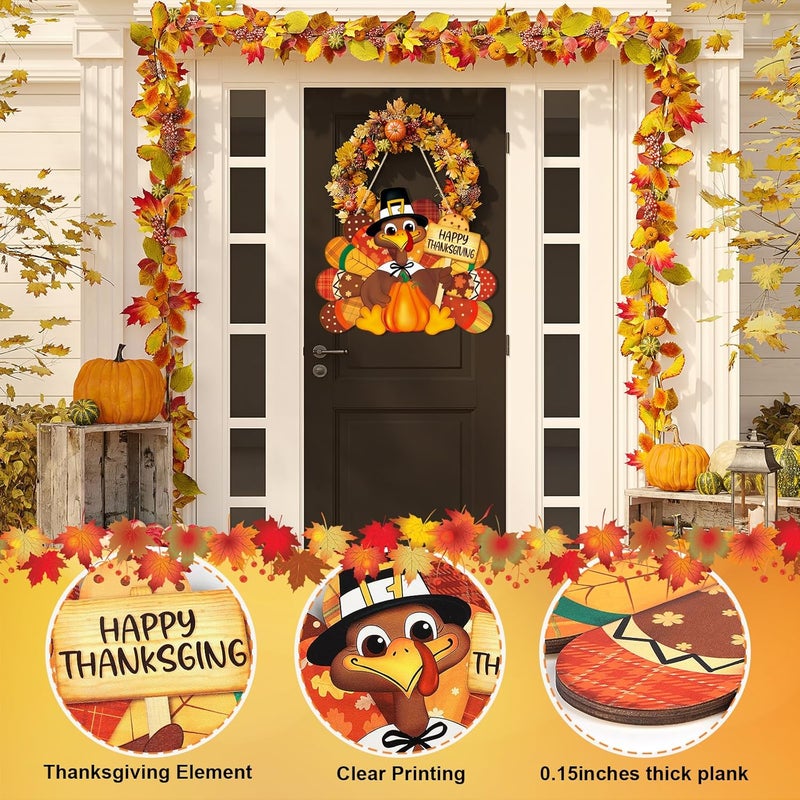 Sophena Thanksgiving Decoration Wooden Turkey Pumpkin Door Wreath for Front Door Sign Wall Signs, Thankful Blessed Grateful Pumpkin Sign Hanging for Fall Autumn Harvest Home Halloween Decoration - Image 2