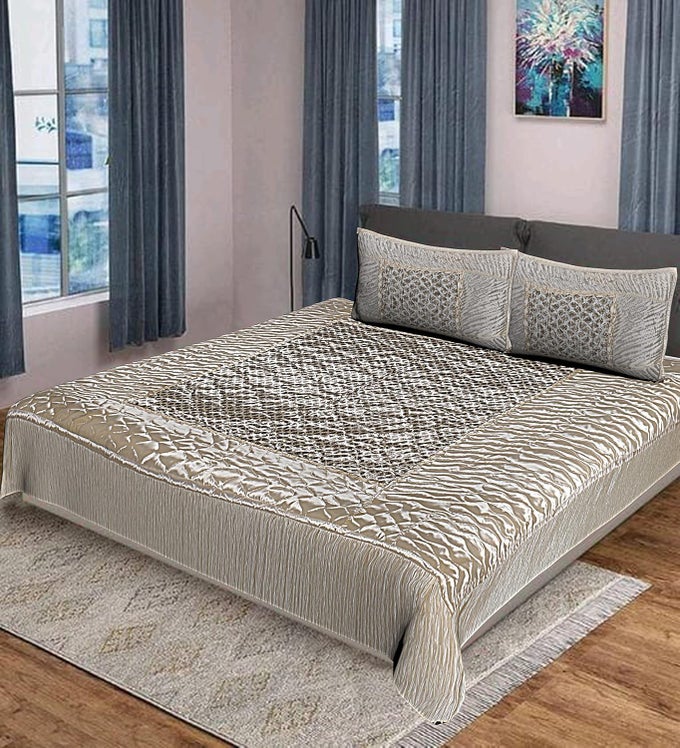 310 TC CREAM SATIN GOLD PRINT SATIN DOUBLE BED BEDSHEET WITH 2 PILLOW COVER DOUBLE CREAM