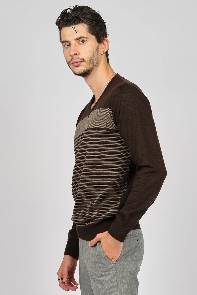 ديسين تريكو Patterned Knitwear Men's Patterned V Neck Wool Sweater 0249640 Brown
