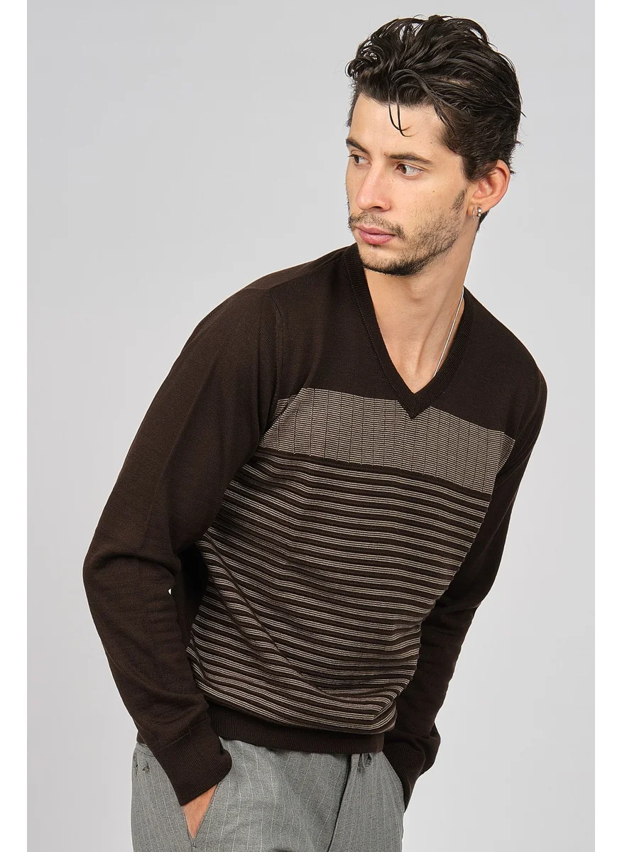 Desen Triko Patterned Knitwear Men's Patterned V Neck Wool Sweater 0249640 Brown