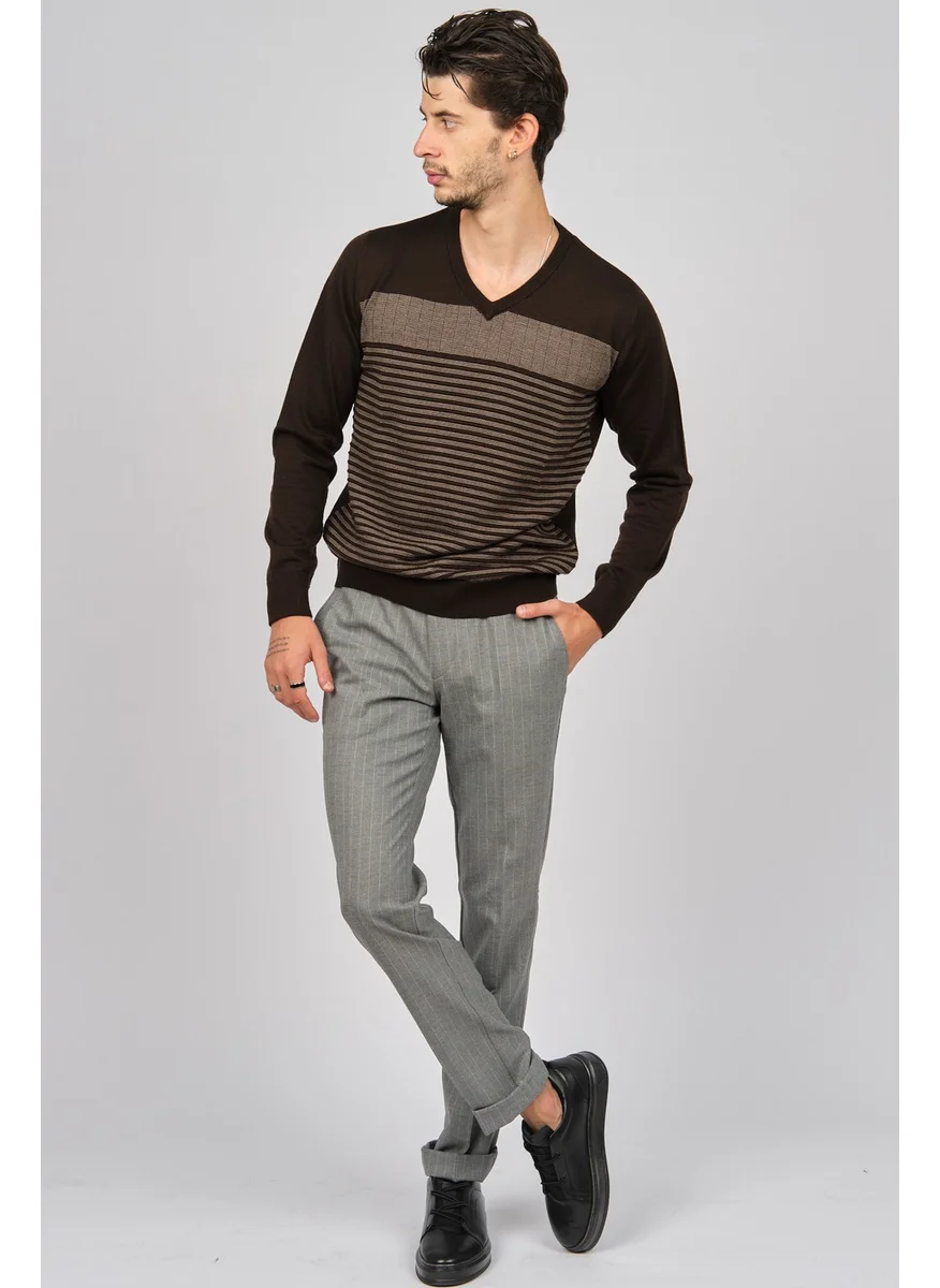 Desen Triko Patterned Knitwear Men's Patterned V Neck Wool Sweater 0249640 Brown