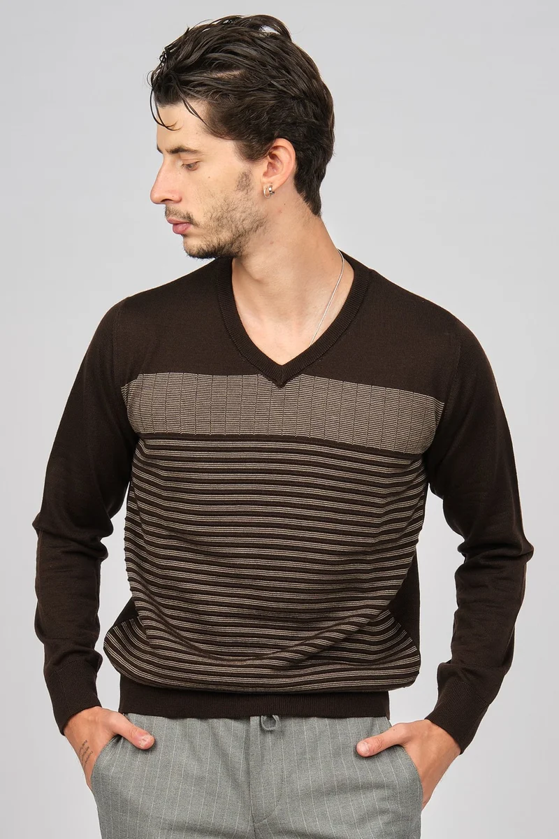 ديسين تريكو Patterned Knitwear Men's Patterned V Neck Wool Sweater 0249640 Brown