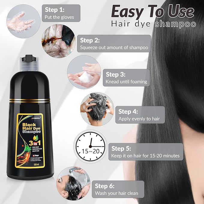 Meidu Black Hair Dye Shampoo for Men Women, 3 in 1Hair Dye Shampoo for Gray Hair, Natural Herbal, Semi-Permanent (500ml) - Image 2