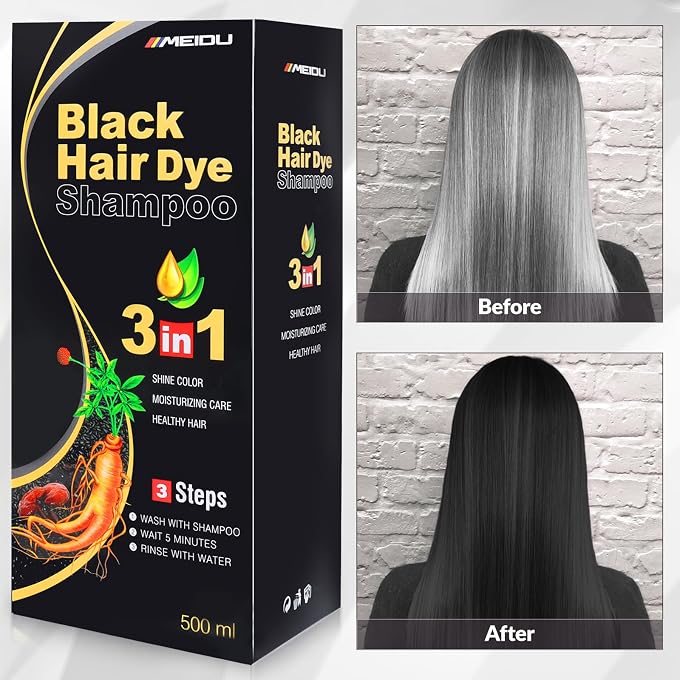 Meidu Black Hair Dye Shampoo for Men Women, 3 in 1Hair Dye Shampoo for Gray Hair, Natural Herbal, Semi-Permanent (500ml) - Image 3