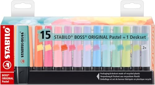 STABILO ستابيلاو هايلايتر بوس الأصلي باستيل - مجموعة مكتبية من 15 - ألوان متنوعة، طرف مائل، تقنية مضادة للجفاف - Image 2