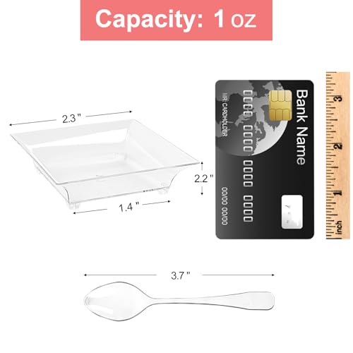 Qeirudu 100 Pack 1 oz Small Dessert Plates for Appetizers - Mini Plastic Plates with Spoons Reusable Square Appetizer Bowls Tiny Individual Serving Trays - Image 2