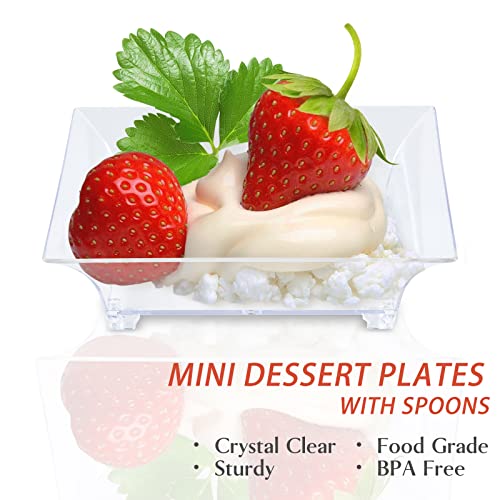 Qeirudu 100 Pack 1 oz Small Dessert Plates for Appetizers - Mini Plastic Plates with Spoons Reusable Square Appetizer Bowls Tiny Individual Serving Trays - Image 3