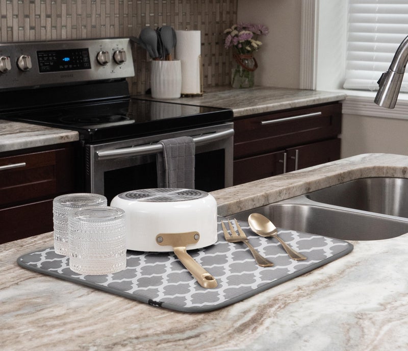 S&T INC. Dish Drying Mat, 16” x 18”, Absorbent Microfiber Kitchen Counter Mat, Dish Drying Pad for Dishes, Utensils, Pots and Pans, Large, White Trellis - Image 3