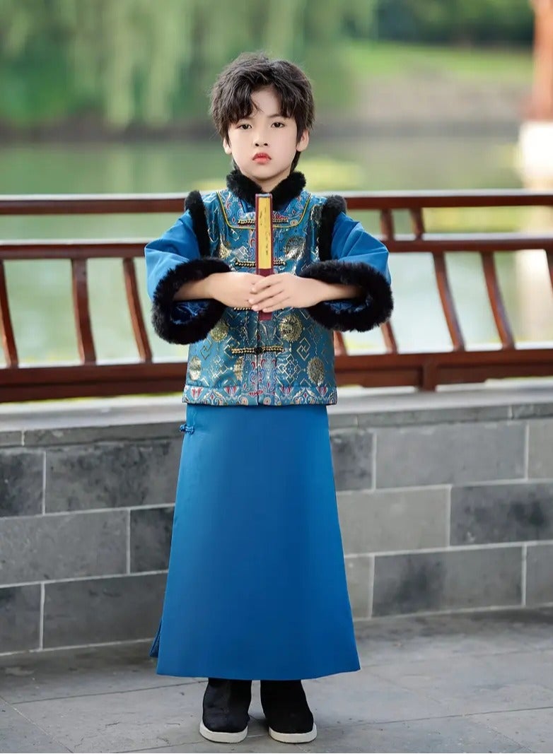 ارواق فستان سيد الشباب، بدلة تانغ للأولاد الصغار، فستان قديم، نمط شيونغسام، مجموعة ملابس السنة الجديدة المحسنة، زي شتوي باللون الأزرق - Image 5