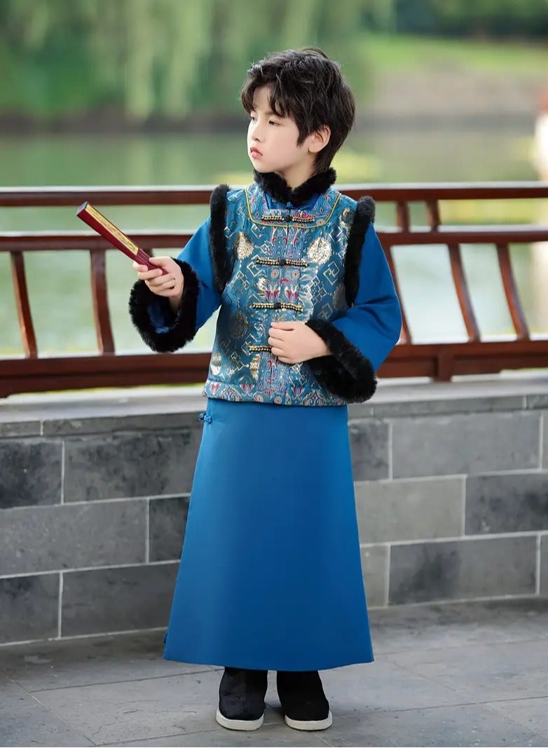 ارواق فستان سيد الشباب، بدلة تانغ للأولاد الصغار، فستان قديم، نمط شيونغسام، مجموعة ملابس السنة الجديدة المحسنة، زي شتوي باللون الأزرق - Image 3