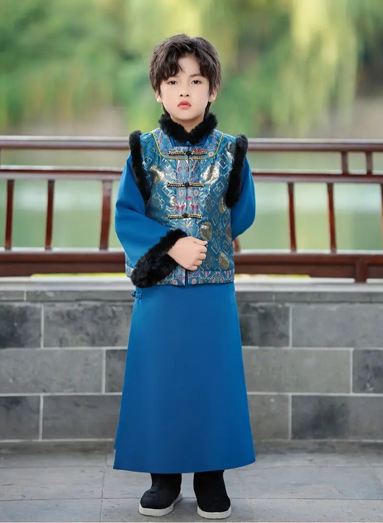 ارواق فستان سيد الشباب، بدلة تانغ للأولاد الصغار، فستان قديم، نمط شيونغسام، مجموعة ملابس السنة الجديدة المحسنة، زي شتوي باللون الأزرق - Image 1