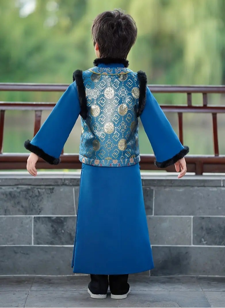 ارواق فستان سيد الشباب، بدلة تانغ للأولاد الصغار، فستان قديم، نمط شيونغسام، مجموعة ملابس السنة الجديدة المحسنة، زي شتوي باللون الأزرق - Image 2