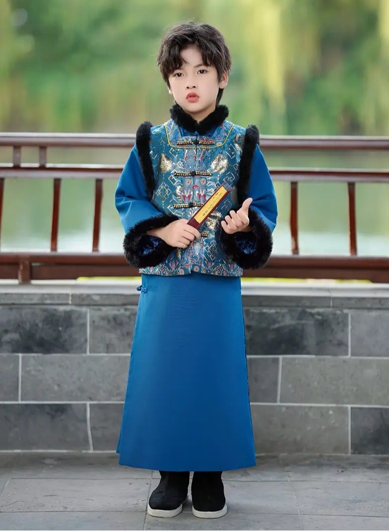 ارواق فستان سيد الشباب، بدلة تانغ للأولاد الصغار، فستان قديم، نمط شيونغسام، مجموعة ملابس السنة الجديدة المحسنة، زي شتوي باللون الأزرق - Image 4