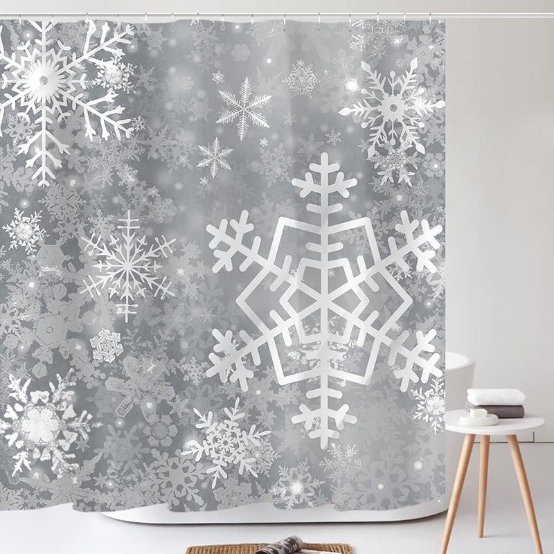Tititex Merry Christmas Snowflake Startain Set Happy Holiday Winter Winter Gray Bathative Winter Waterproof Fabric 71 × 71 بوصة مع 12 خطاف - Image 1