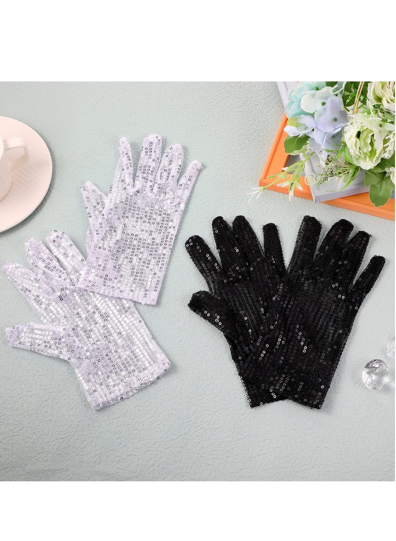 SYOSI SYOSI 2 Pairs Sequin Glove, Sequins Short Gloves Dance Gloves Black Silver Glitter Gloves for Party Dance Dressing Accessory  - Image 2