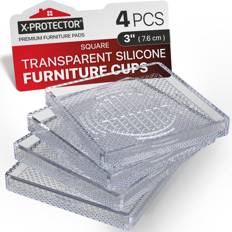 X-Protector Furniture Cups - 4 PCS 3" - Non Slip Furniture Pads for Hardwood Floors - Transparent Floor Protectors - Bed Stoppers to Prevent Sliding - Keep Furniture from Sliding on Floor! (Square) - Image 1