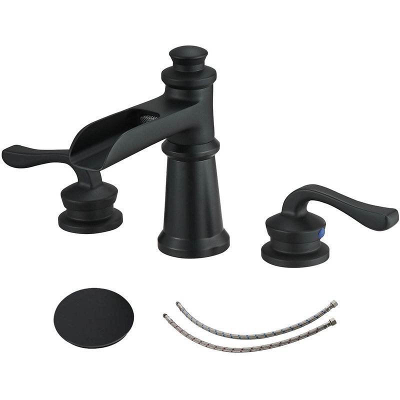 Black Waterfall Bathroom Faucet 8 Inch Widespread Bathroom Faucet 2Handle Farmhouse 3 Holes Vanity Faucets with Pop Up Drain Assembly Overflow and Supply Line Mixer Tap by Homevacious