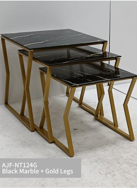 Modern Nesting Tables - Black Marble Top with Gold Legs (Set of 3)