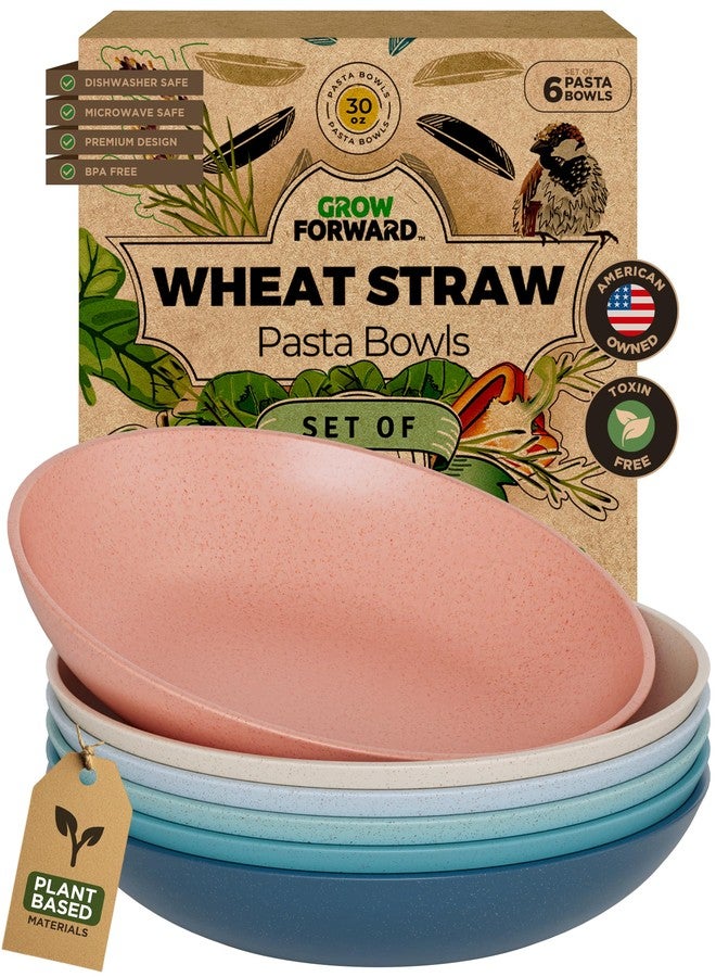 Grow Forward Premium Wheat Straw Pasta Bowls - 30oz Unbreakable Wide & Shallow Dinner Plate Bowls Set of 6 - Microwave Safe Reusable Plastic Pasta Bowls for Kids, Adults, Salad, Camping, RV - Tropical - Image 1