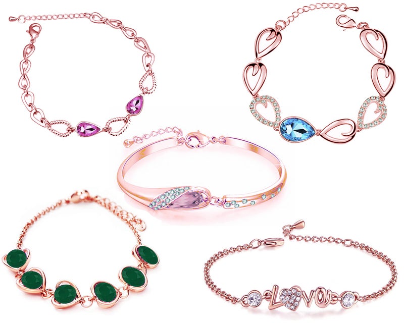 Okos Valentines Day Special Rose Gold Plated Jewellery Combo of 5 Adjustable Alloy Bracelet Set Adorned With Multi Crystal Stones For Girls and Women CO1000424 - Image 1