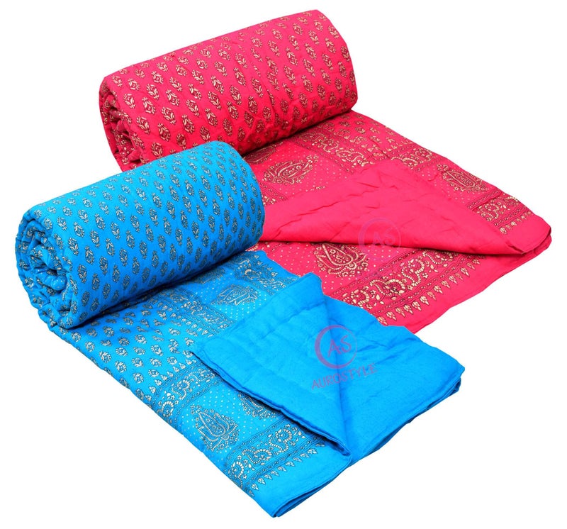 WORLDNEX 400 TC Pure Cotton Jaipuri Design Printed Light Weight Traditional Rajasthani Print Single Bed Quilt/Razai/Rajai (Design 5, Single Bed - Set of 2 Combo Set) - Image 2