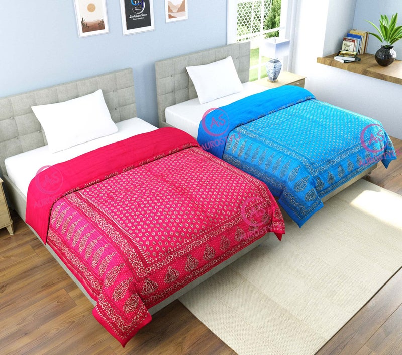 WORLDNEX 400 TC Pure Cotton Jaipuri Design Printed Light Weight Traditional Rajasthani Print Single Bed Quilt/Razai/Rajai (Design 5, Single Bed - Set of 2 Combo Set) - Image 5