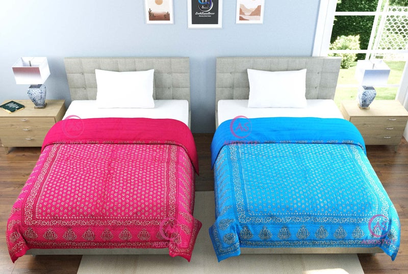 WORLDNEX 400 TC Pure Cotton Jaipuri Design Printed Light Weight Traditional Rajasthani Print Single Bed Quilt/Razai/Rajai (Design 5, Single Bed - Set of 2 Combo Set) - Image 4
