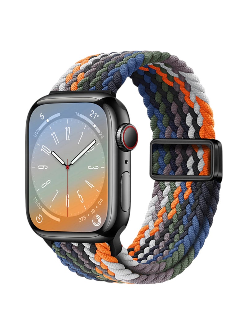 سوار Apple Watch مقاس 38/40/41/42 مم متوافق مع Series 1 إلى 11 / SE - نايلون مضفّر مرن بمشبك مغناطيسي - دينيم قوس قزح