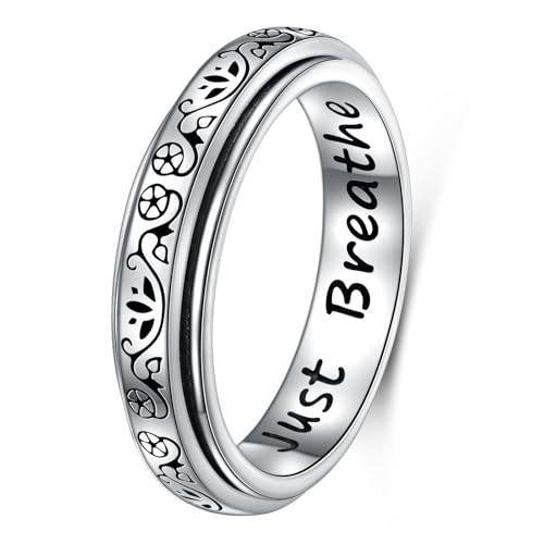 Ladytree Anxiety Fidget Ring S925 Sterling Silver Lotus Flower Yoga Just Breathe Spinner Worry Band Stress Relieving Boredom ADHD Autism Rings for Women MenSize 8 - Image 1
