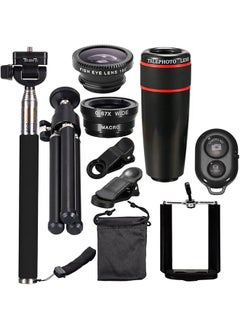 10Pcs 8X Telephoto Mobile Phone Lens Universal Detachable Clip On Lens Wide Angle Plus Fish Eye Plus Macro Lens Plus Selfie Stick Plus Tripod