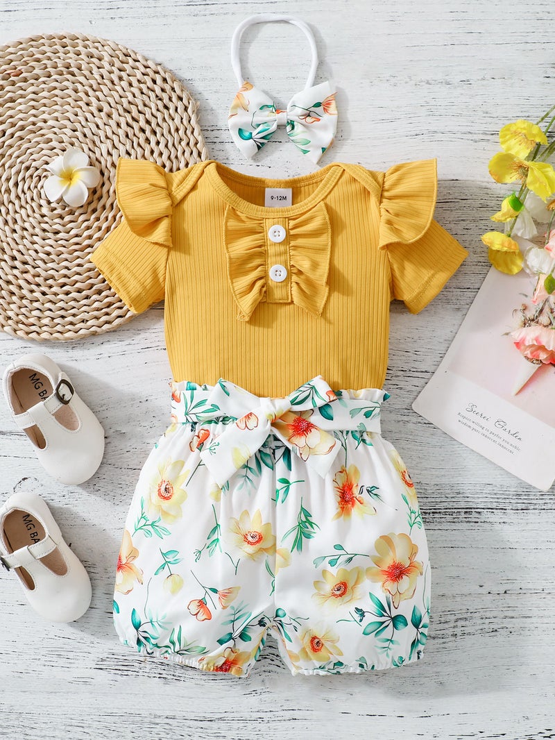 Floral Summer Romper Suit for Girls Baby Clothes Set with Scarf European And American Style Polyester Fabric Infant Outfit Yellow: 12-18M 
