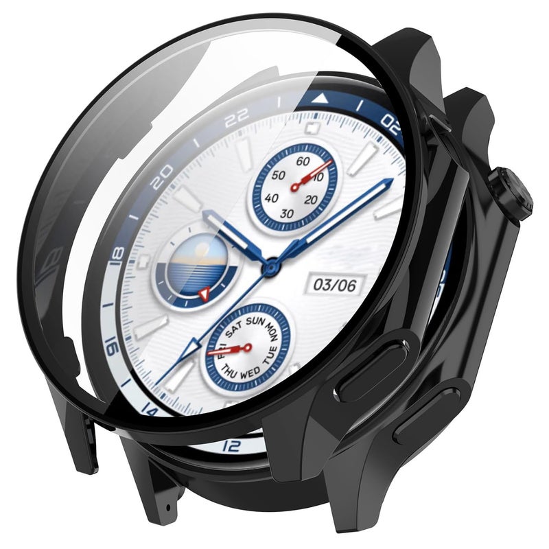 Wisely Electroplate Shine Protective Slim Bumper Tempered Glass Case Cover Compatible with OnePlus Watch 2, Luxury Black - Image 1