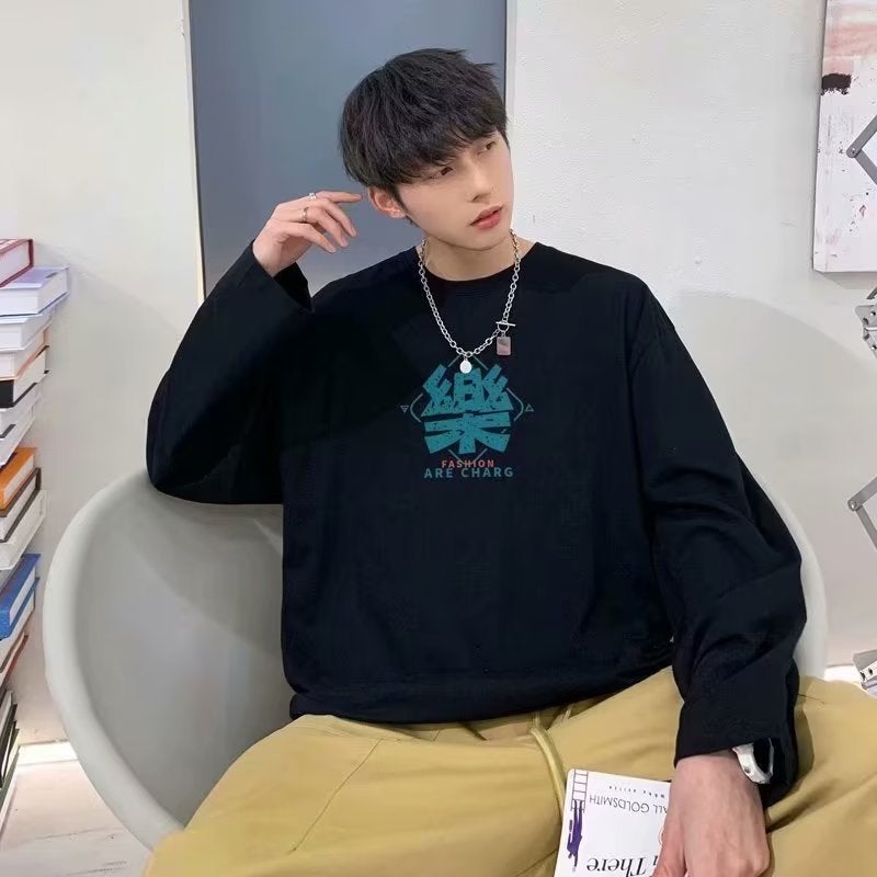 Long sleeve T-shirt men's autumn new retro printed T-shirt Hong Kong style chic loose plus size casual trendy couple wear - Image 2