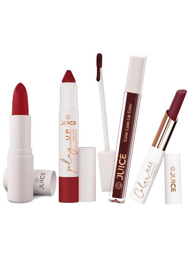 Juice Long Lasting, 4pc Lipstick Combo Set For Women(Red Addict-M03 Bullet Lipstick, Flame On-MCR10 Play up Lip Crayon, Maroon Bliss-M08 Liquid Lipstick, Sultry Sangria-M22 Slim Stick) - Image 1