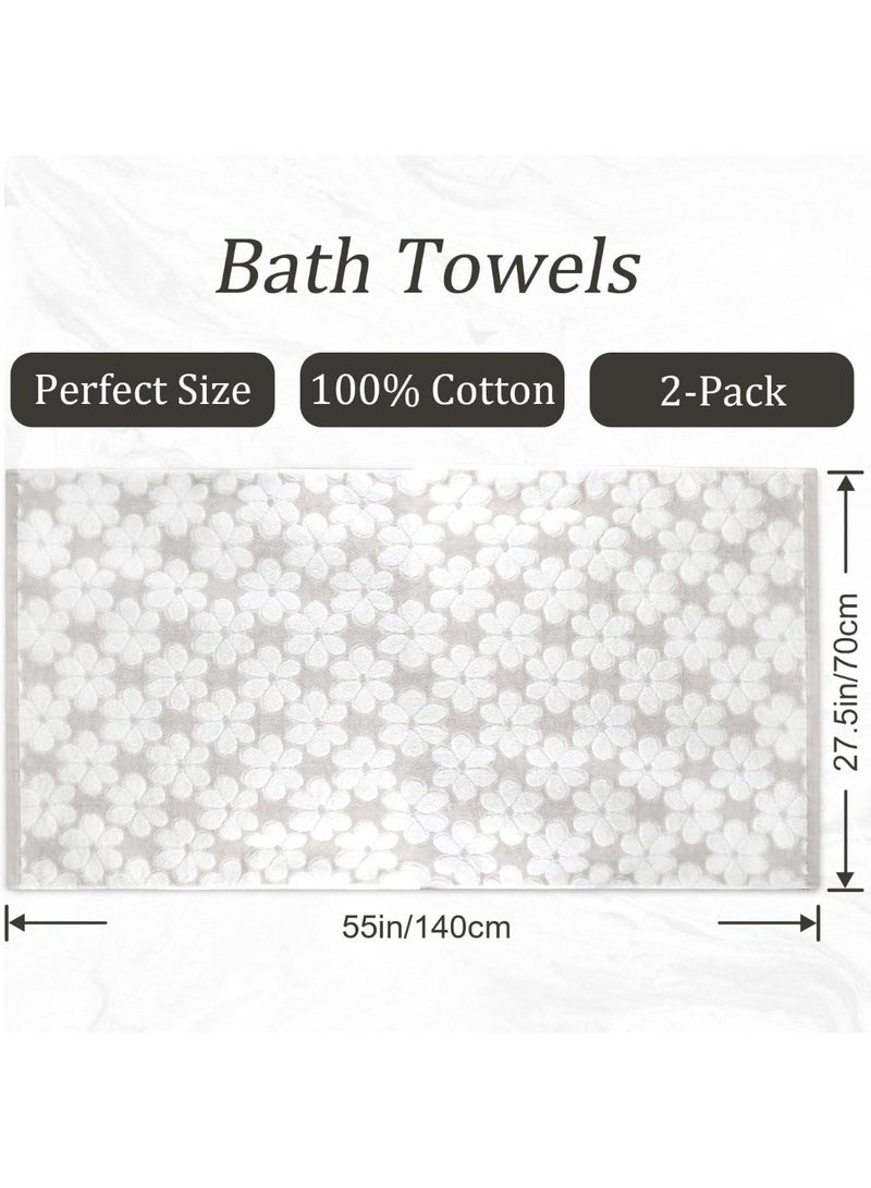 Soft Bath Towels 2 Pack, Super Absorbent Shower Towels 27.5x55 Inches, Cute Floral Jacquard Bathroom Towel Set, Cotton, Light Beige Brown - Image 4