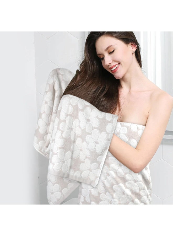 Soft Bath Towels 2 Pack, Super Absorbent Shower Towels 27.5x55 Inches, Cute Floral Jacquard Bathroom Towel Set, Cotton, Light Beige Brown - Image 5