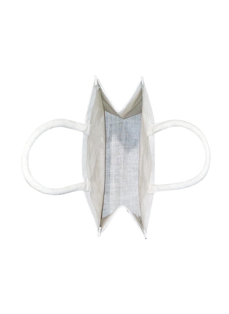 Sustainable Jute Printed Lunch Bag with Soft Padded Handles and Water Resistant Inside Liner.