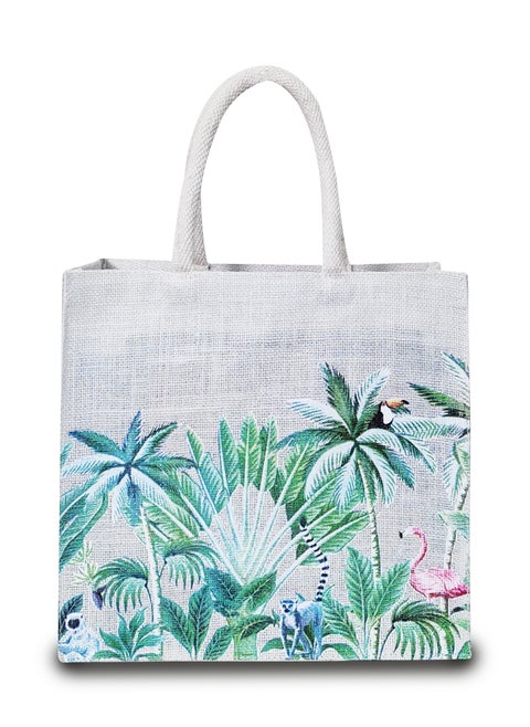 Sustainable Jute Printed Lunch Bag with Soft Padded Handles and Water Resistant Inside Liner.