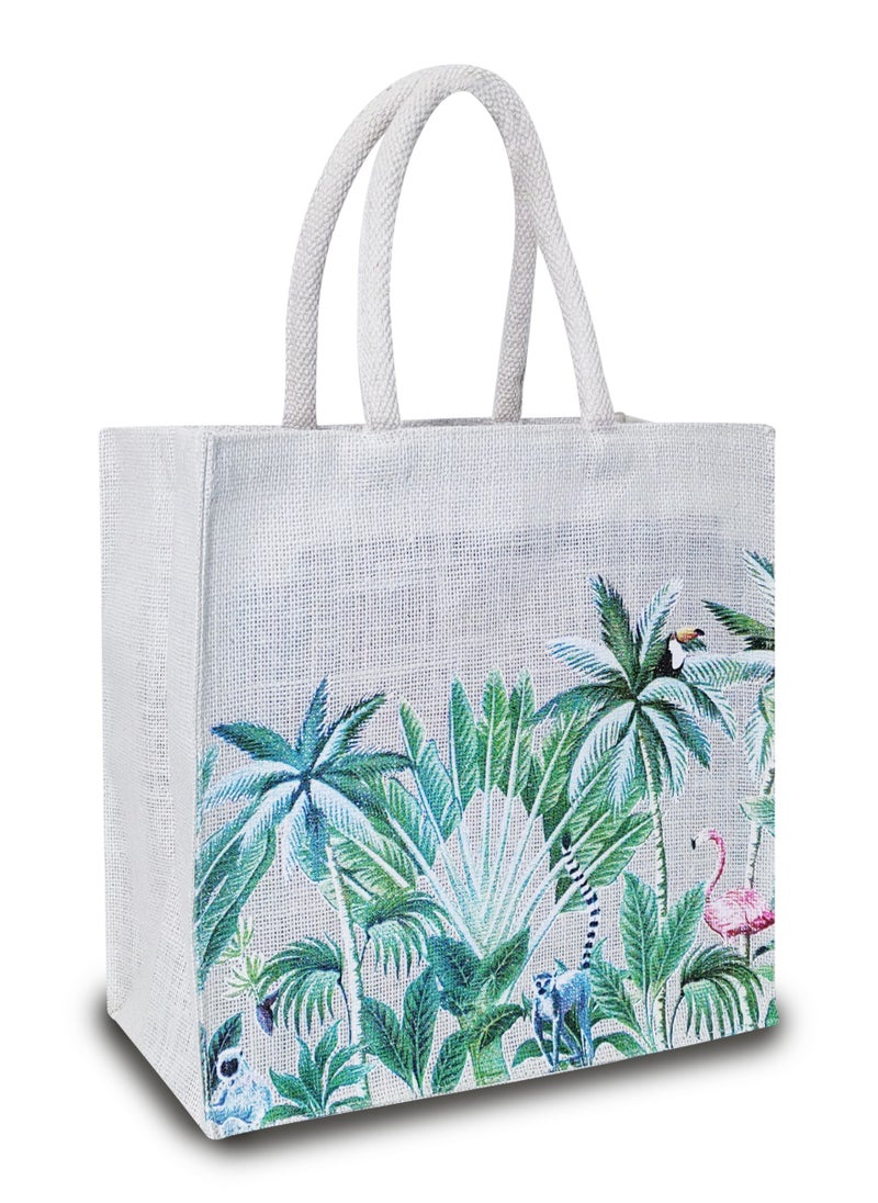 Sustainable Jute Printed Lunch Bag with Soft Padded Handles and Water Resistant Inside Liner.