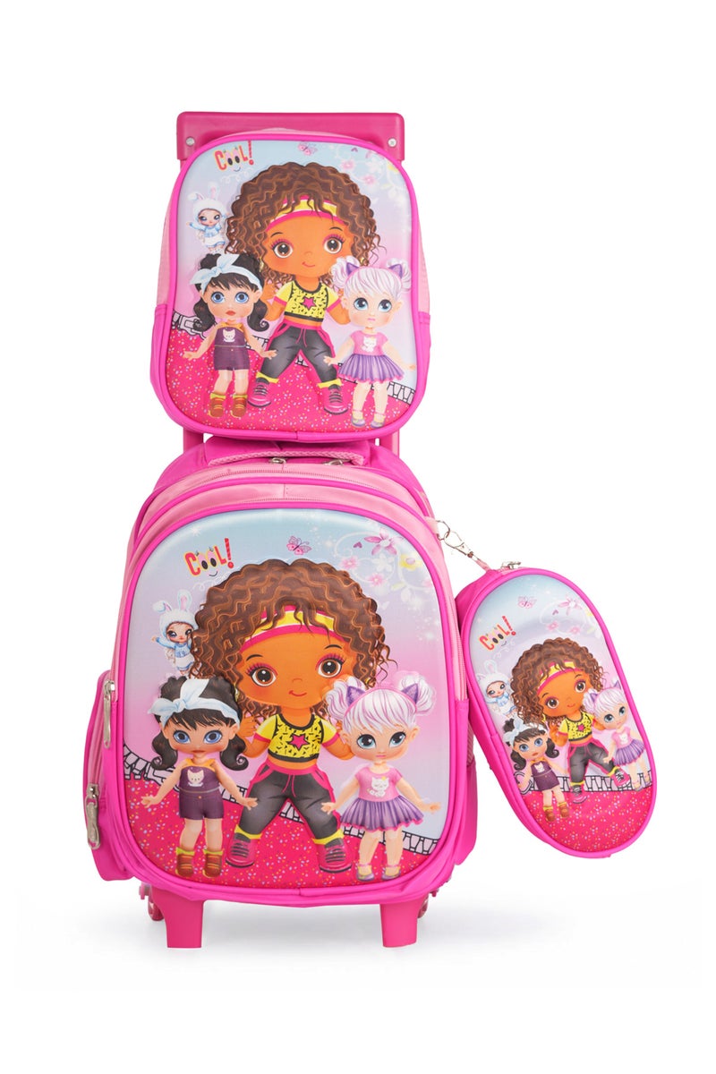 KTMC 3D Cartoon Dancing Girl Triple Set Pen Bag, Lunch Bag, School Trolley Bag for Baby Girls - Fuschia & Pink 9914