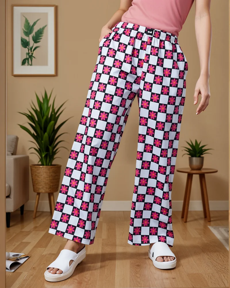 bewakoof Women's White All Over Printed Oversized Pyjamas