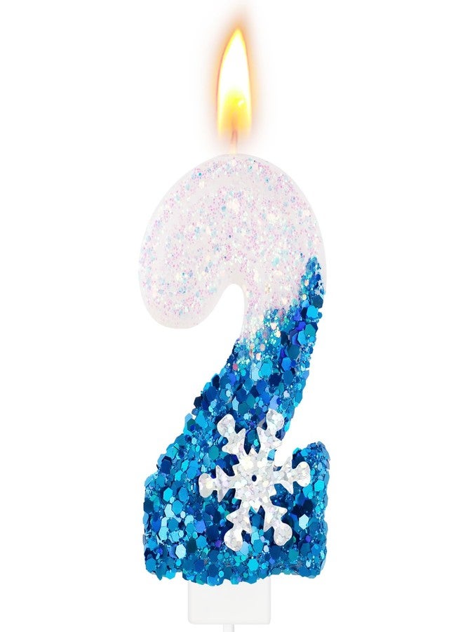 LEBERY Blue Snowflake Number 2 Birthday Candle Frozen Themed Birthday Cake Candles Glitter Number 2 Candle Cake Topper Blue Snow Winter Holiday Candles for Kids Adults Birthday Wedding Party Supply - Image 1