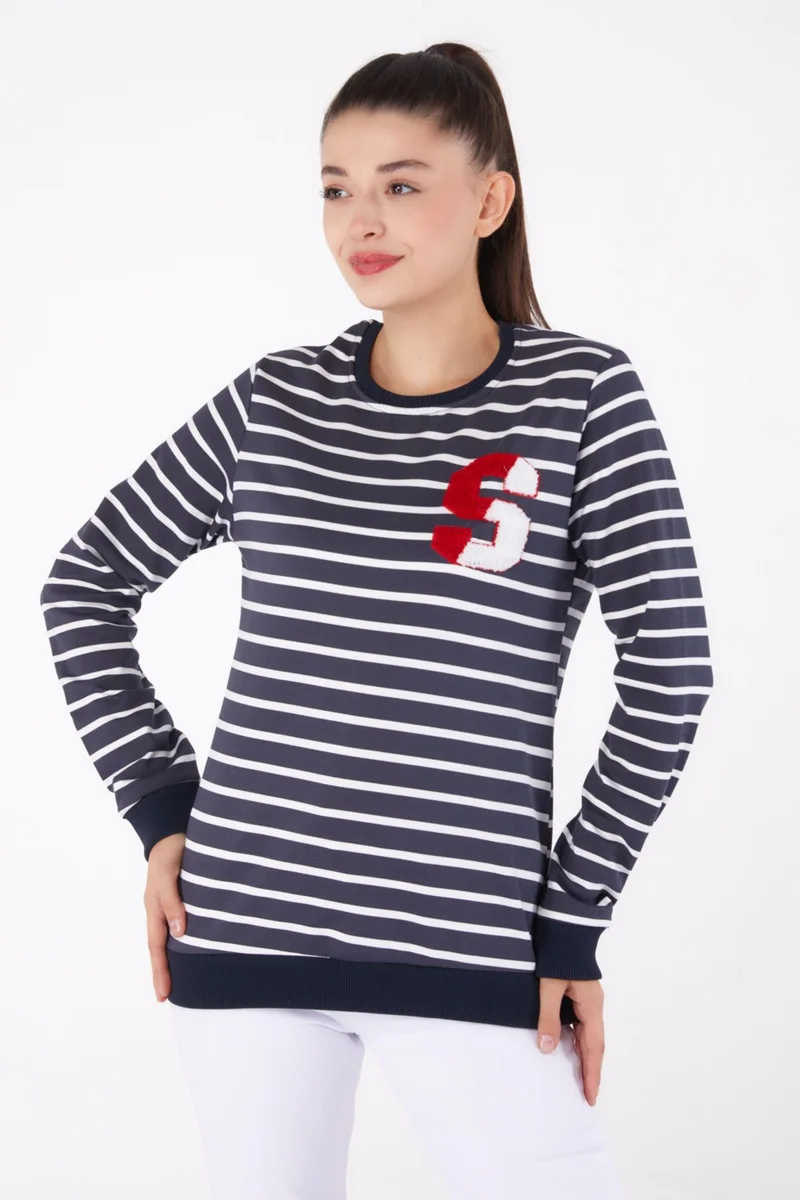 Tofisa Plain Crew Neck Women's Anthracite Embroidered Sweatshirt - 26286
