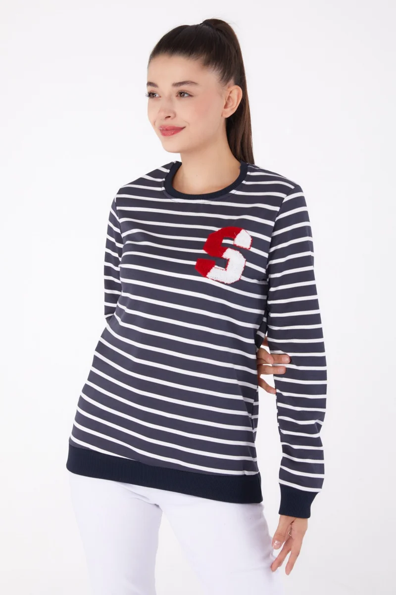 Tofisa Plain Crew Neck Women's Anthracite Embroidered Sweatshirt - 26286