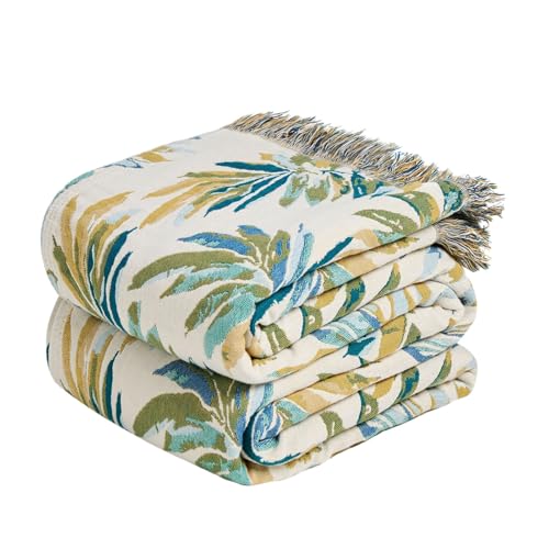 LUTBM Boho Throw Blanket for Couch Sofa Chair Cotton Summer Blankets for Bedroom Living Room All Season Soft Lightweight Reversible Leaves Embroidery Decorative Throws 50x60 Home Decor - Image 1