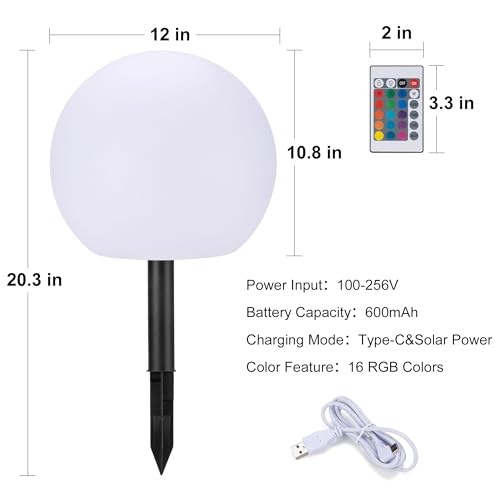 shumi Solar Ball Light12inch LED Outdoor Table Lamp16 RGB Colors and Dimmable Globe Light with RemoteDecor for PatioGardenYardBeachPathwayNursery - Image 3