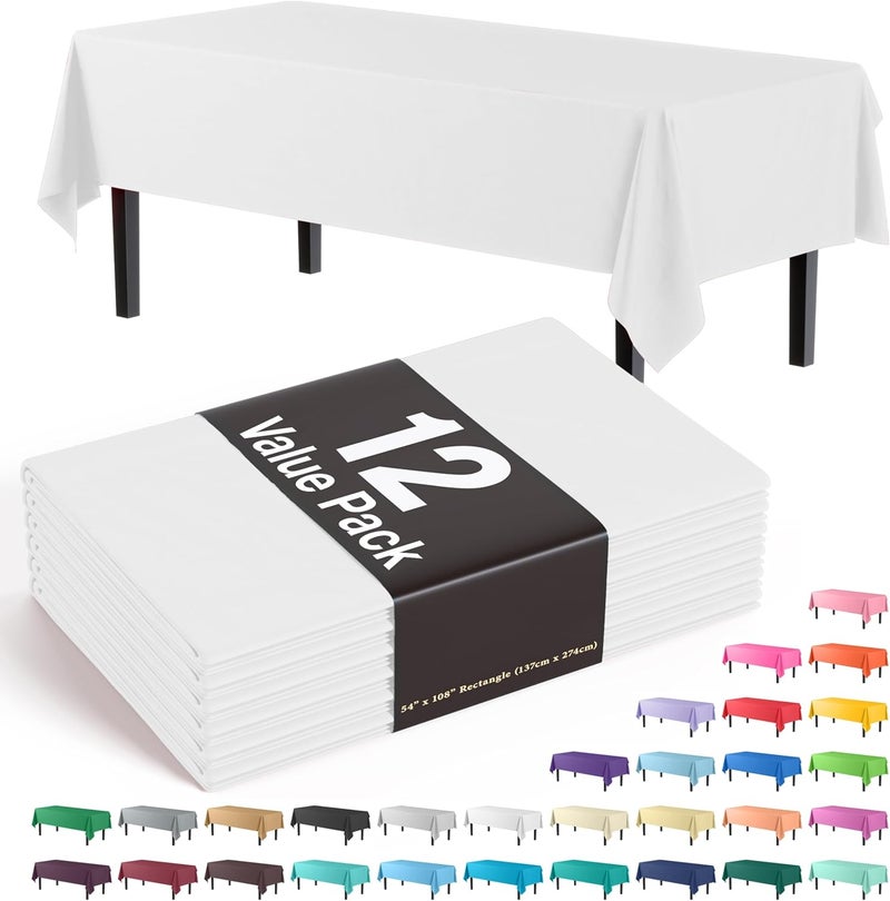 Exquisite 12-Pack Plastic Tablecloth 54x108 Rectangle Value Pack Plastic Table Cover - White - Image 1